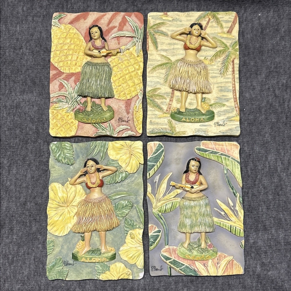 4 Vtg ALOHA Wall Plaque 3D Hula Woman & Ukulele Hawaii 4.5" x 6.5" by‎ P. Brent